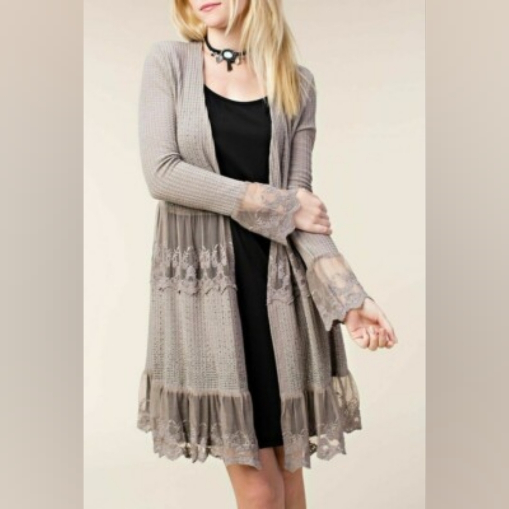 Vocal Plus Size Mocha Crystal Boho Lace Ruffle Cardigan Duster Tunic Top